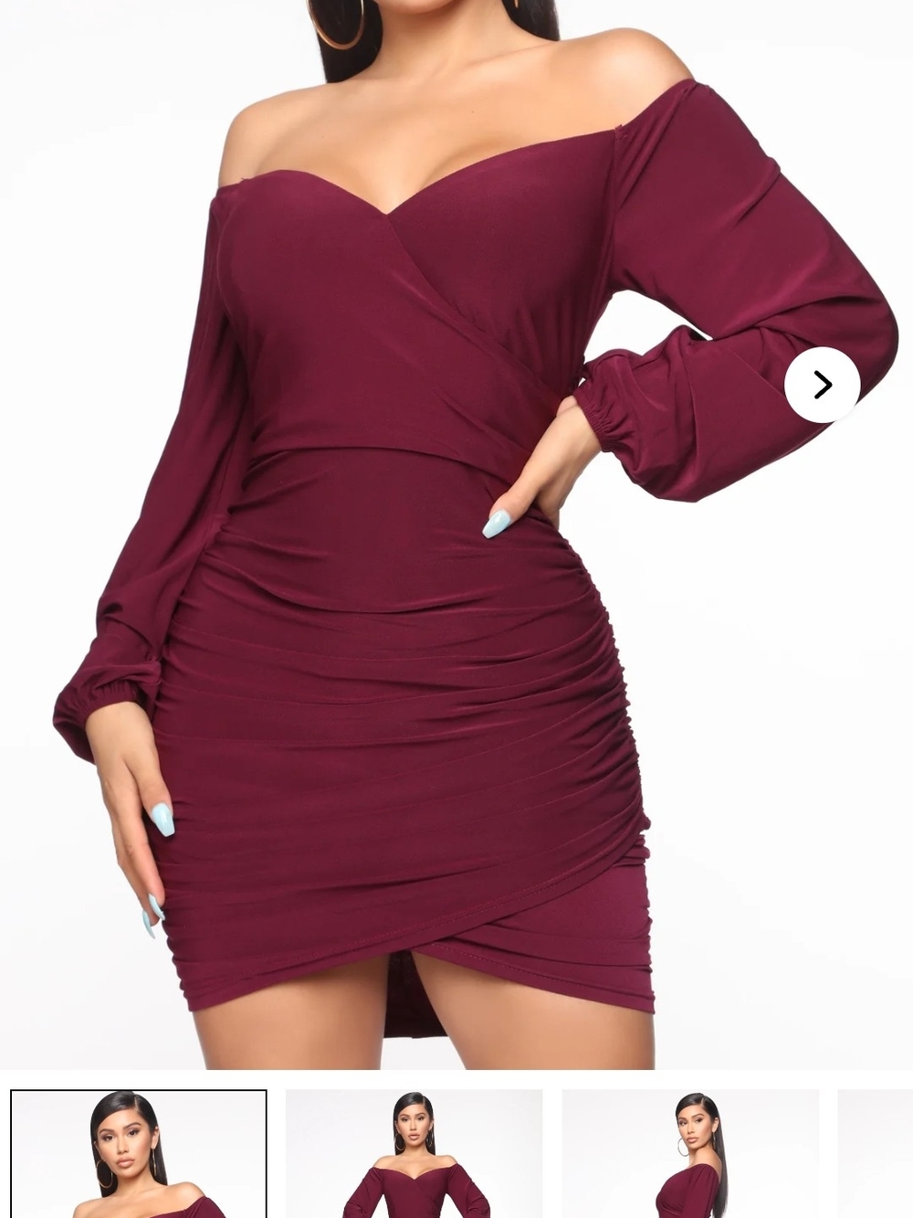 Fashion Nova Off-Shoulder Ruched Bodycon Dress in Burgundy